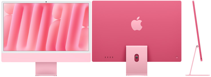 Front, back, and side view of iMac in pink