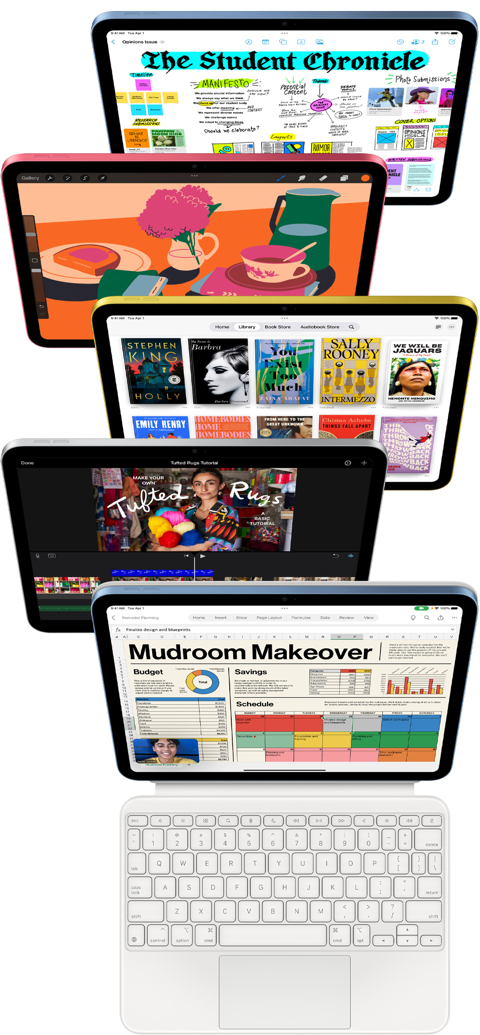 Front facing iPad screens show a variety of apps including Freeform, ProCreate, Apple Books, iMovie, and Excel with Webex Meetings.