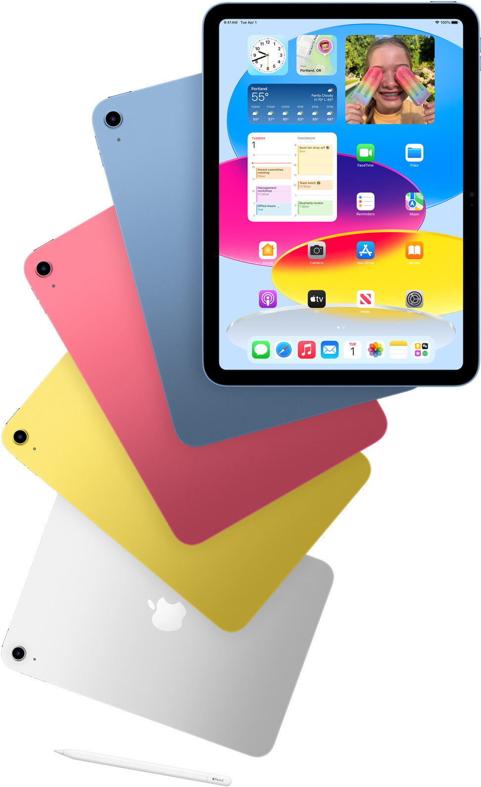 Front view iPad shows the home screen with blue, pink, yellow, and silver rear-facing iPads. An Apple Pencil sits near the arranged iPad models.