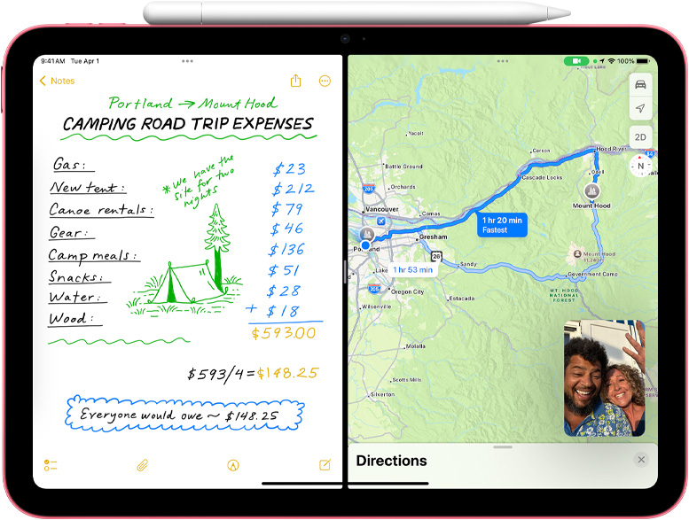 Math Note in Maps with a FaceTime picture-in-picture on iPad.