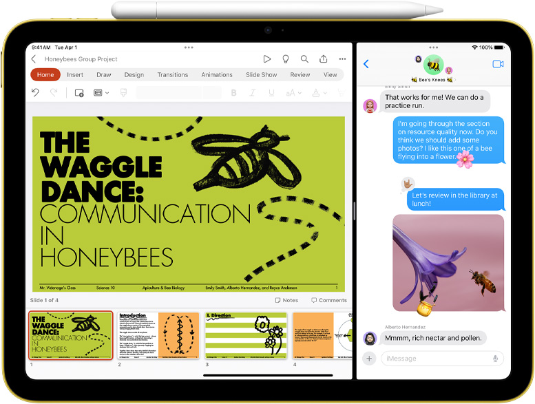 Split View of Powerpoint and Messages on iPad with Apple Pencil magnetically attached.