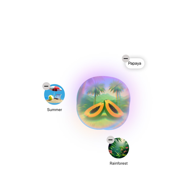 Feature demonstration: Image Playground showing several images conjured up from the words papaya, summer, and rainforest