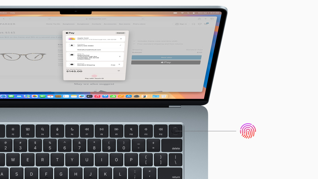 An open MacBook Air in Sky Blue, demonstrating the location of the Touch ID button.