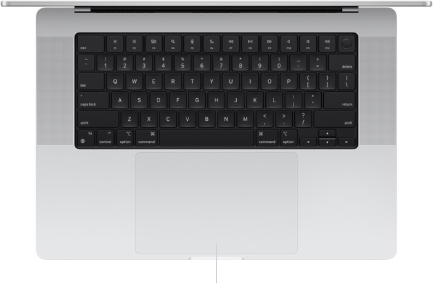 Vue en plongée du MacBook Pro 16 pouces ouvert, montrant le trackpad Force Touch au bas du clavier