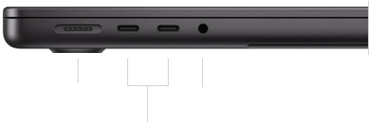 MacBook Pro 14-inch with M4, closed, left side, showing MagSafe 3 port, two Thunderbolt 4 ports, and headphone jack