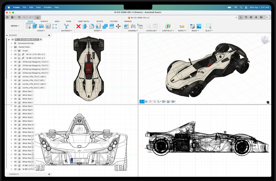 Model of a racing car in Autodesk Fusion app