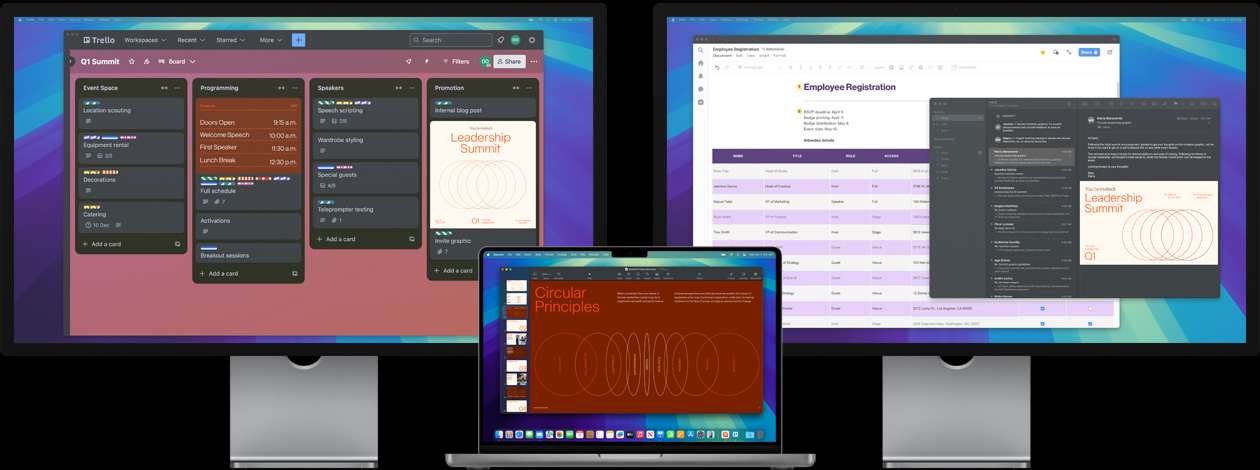 MacBook Pro with two Studio Displays — on screen, a user prepares for a leadership summit, tracking tasks in the app Trello, preparing a presentation and reviewing design files via email