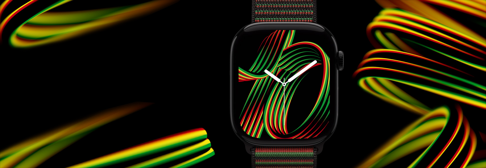 Black Unity Sport Loop with Unity Rhythm watch face, with stylized brushstrokes of red, green, and yellow, reflecting the colors of the Pan African flag.