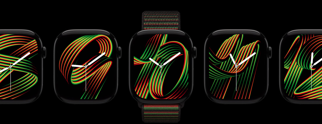 Unity Rhythm watch faces lined up in a row, the center watch features the Black Unity Sport Loop band. Each screen displays a different time.