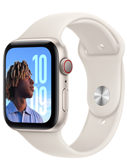 Apple Watch SE with a Starlight aluminum case and Starlight (white) Sport Band.