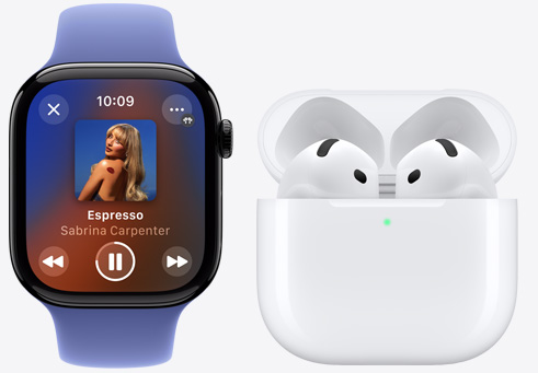 Apple Watch Series 10 waarop een nummer wordt afgespeeld, met daarnaast AirPods 4.