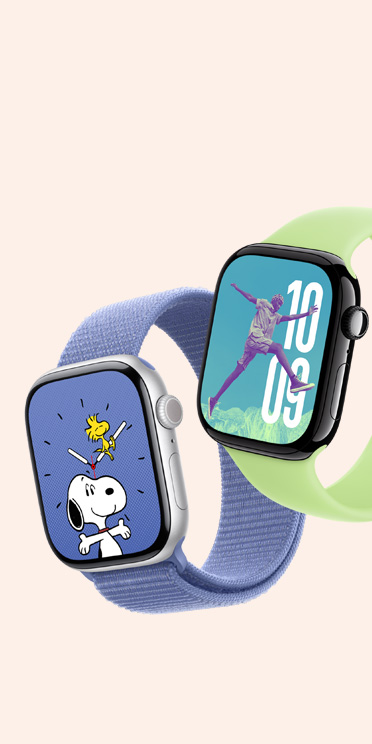 Two Apple Watch Series 10. The first has a Snoopy watch face and a Periwinkle (purple/blue) Sport Loop. The second has a Photos watch face and a Northern Lights (light green) Solo Loop.
