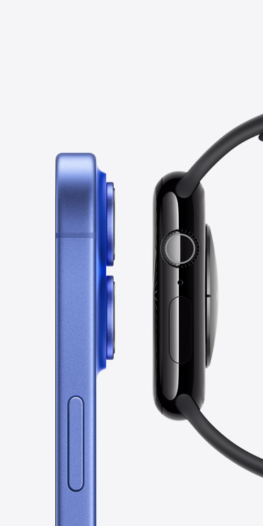 A side view of iPhone 16 and Apple Watch Series 10 next to each other.