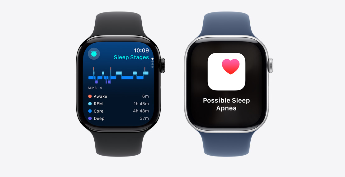 To Apple Watch Series 10. På den første vises informasjon om søvnstadier. På den andre vises en varsling om mulig søvnapné.