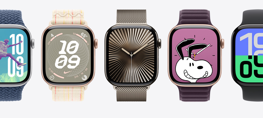 Flere Apple Watch-skjermer inkludert en Refleksjoner-urskive og en Snoopy-urskive.