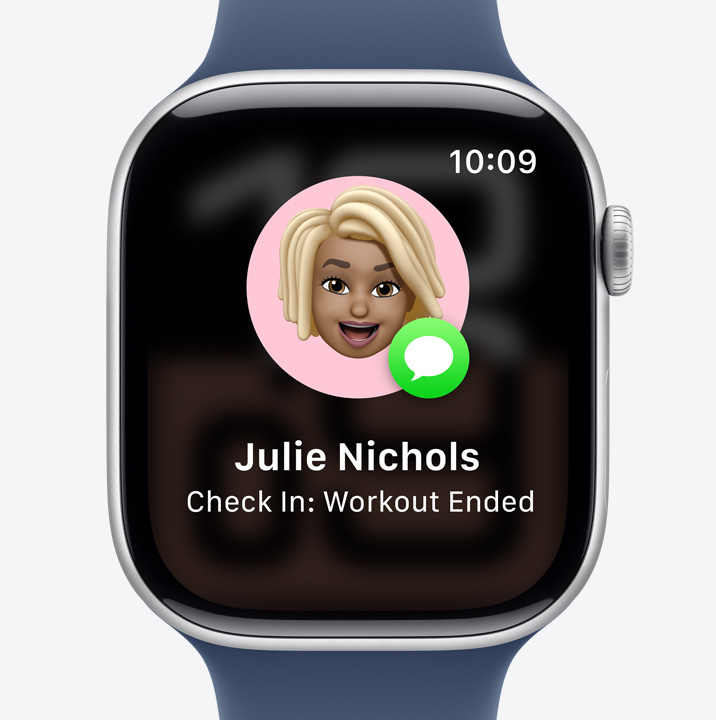 Het Check‑in-scherm op een Apple Watch waarin wordt aangegeven dat een vriend een work‑out heeft afgerond.