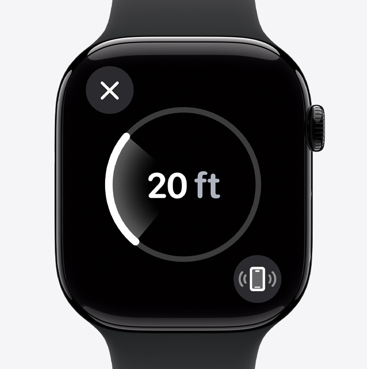 Een Apple Watch Series 10 met het scherm Nauwkeurig Zoeken waarin de afstand naar een iPhone wordt aangegeven.
