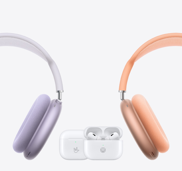 AirPods Max on left and right with AirPods 4 and AirPods Pro 2 in the centre.