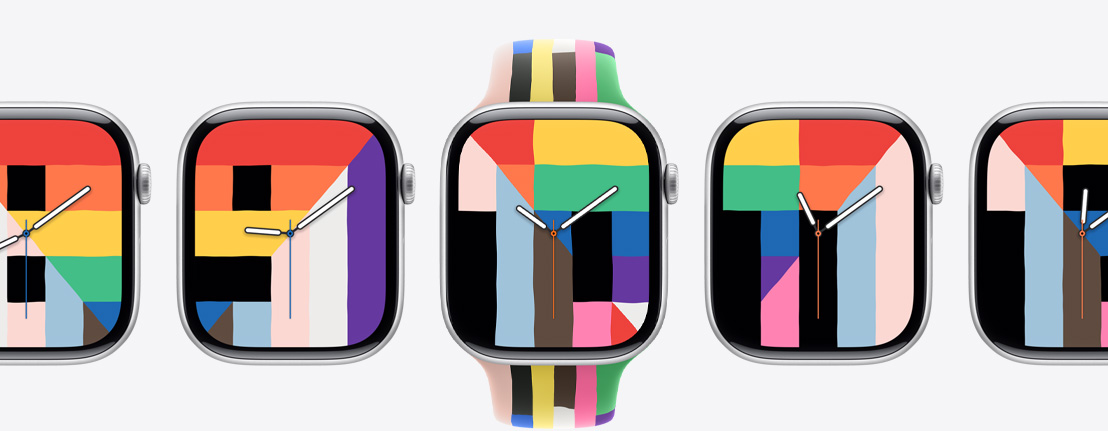 Apple Watch Series 10 devices, Pride Harmony watch face, rectangles, triangles and trapezoids in solid rainbow hues and other colours form the hour numbers, centre watch face connects to Pride Edition Sport Band, six stripes made of thin rectangles in solid rainbow hues and other colours, slightly uneven edges