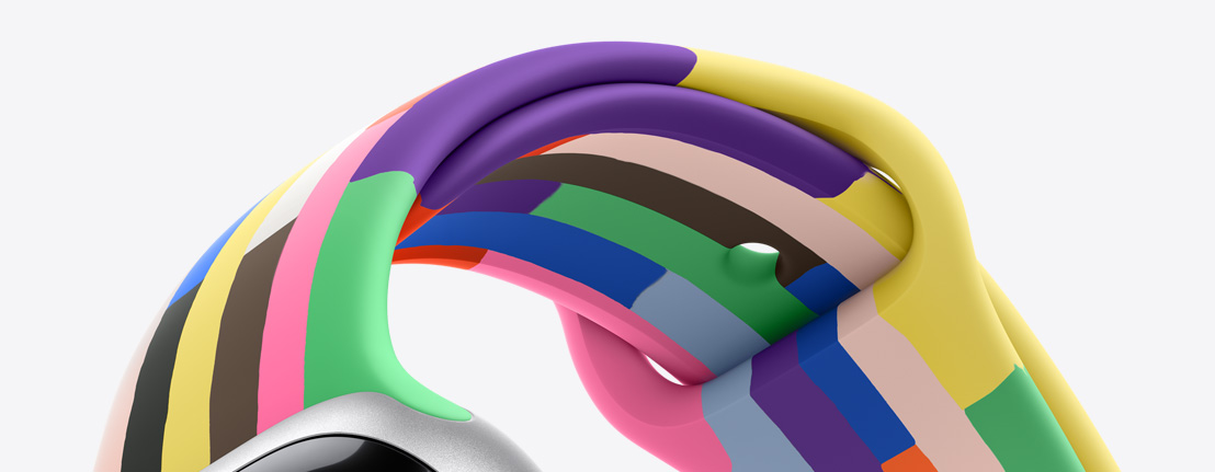 Pride Edition Sport Band, interior and exterior, six stripes made of thin rectangles in solid rainbow hues and other colours, slightly uneven edges, smooth fluoroelastomer