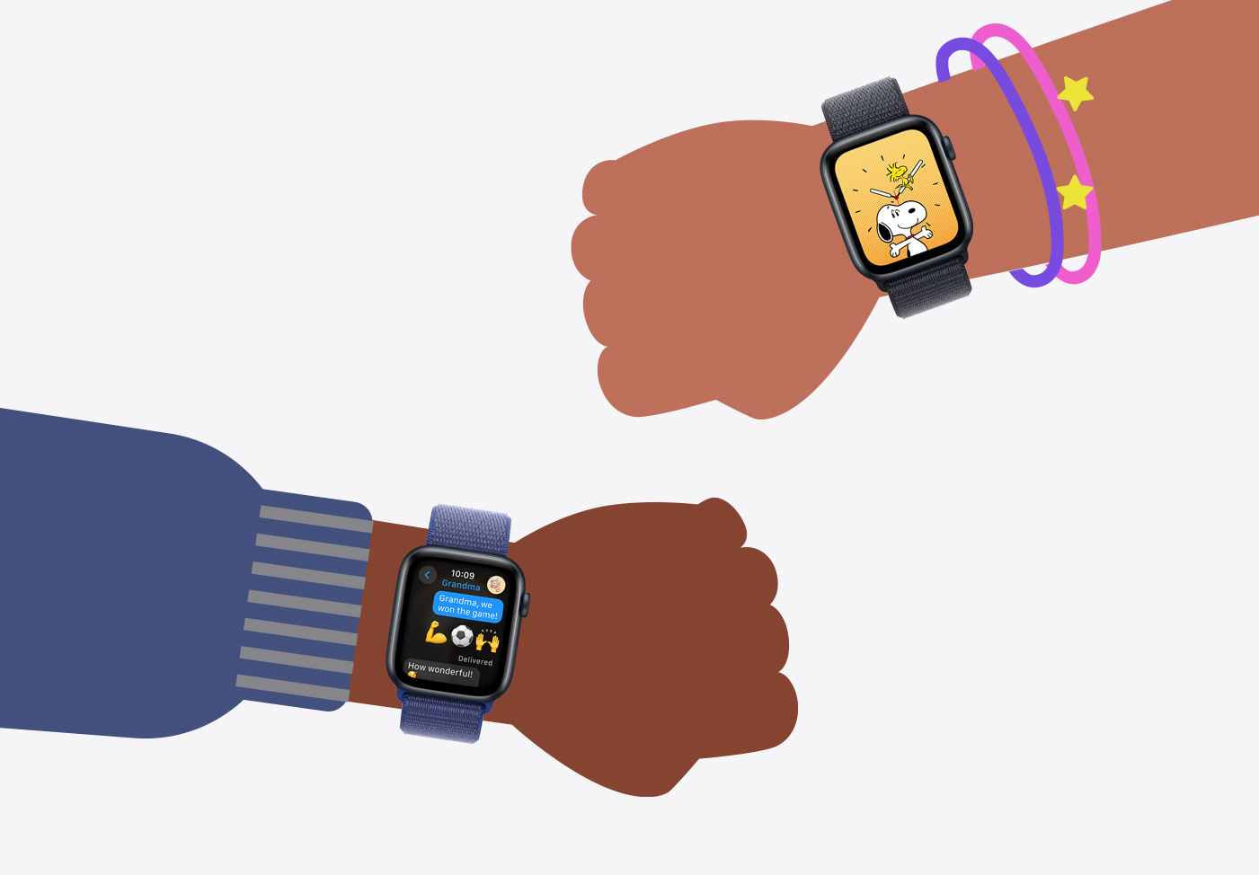 Illustrations of two childrens' wrists wearing Apple Watch SE.