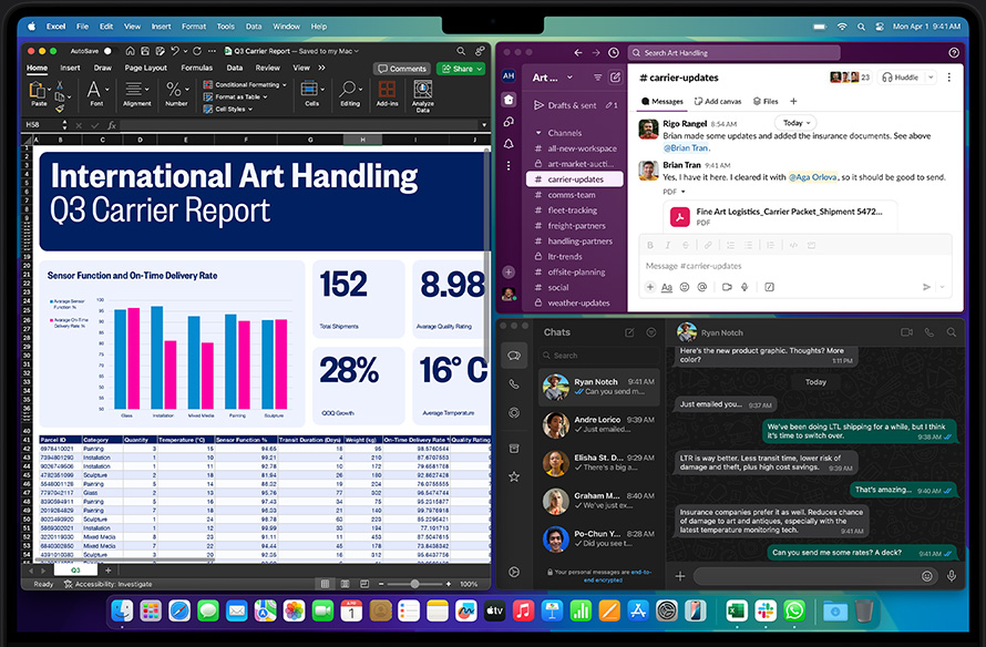 User discusses shipping logistics for art via WhatsApp and Slack while viewing a shipping carrier report