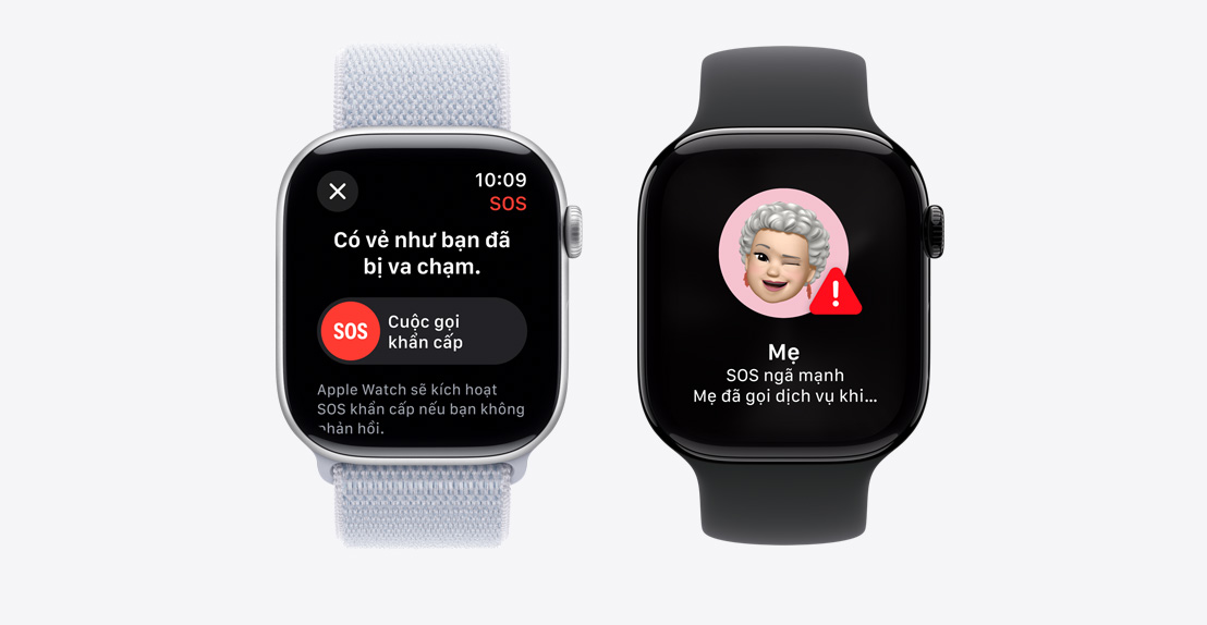 Hai chiếc Apple Watch Series 9. Chiếc đầu tiên hiển thị màn hình phát hiện một cú ngã và thiết bị đang gọi các dịch vụ khẩn cấp. Chiếc thứ hai hiển thị đã phát hiện thấy "Mẹ" bị ngã mạnh và các dịch vụ khẩn cấp đã được gọi.