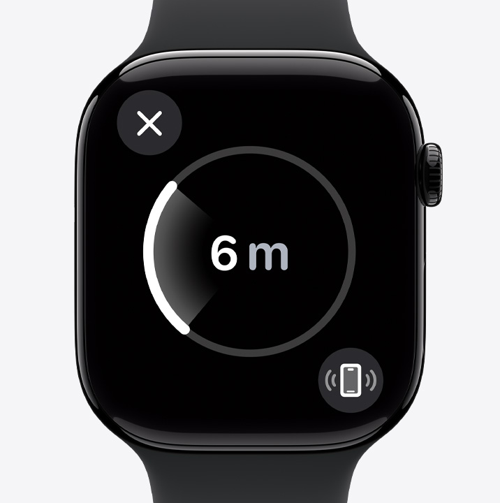 The Precision Finding screen on an Apple Watch Series 10 showing that the watch user's iPhone is 20 feet away.